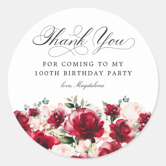 Sticker Rond 100e fête d'anniversaire Merci floral rose rouge (Devant)