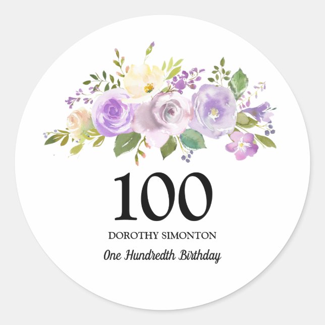 Sticker Rond 100e fête d'anniversaire Rose violet Floral (Devant)