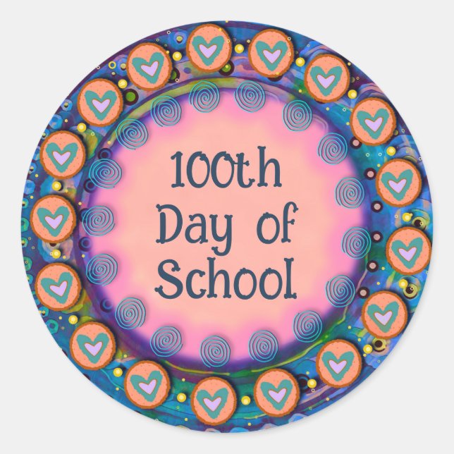 Sticker Rond 100e Jour de l'école Bleu n'importe quel Coeur Ens (Devant)