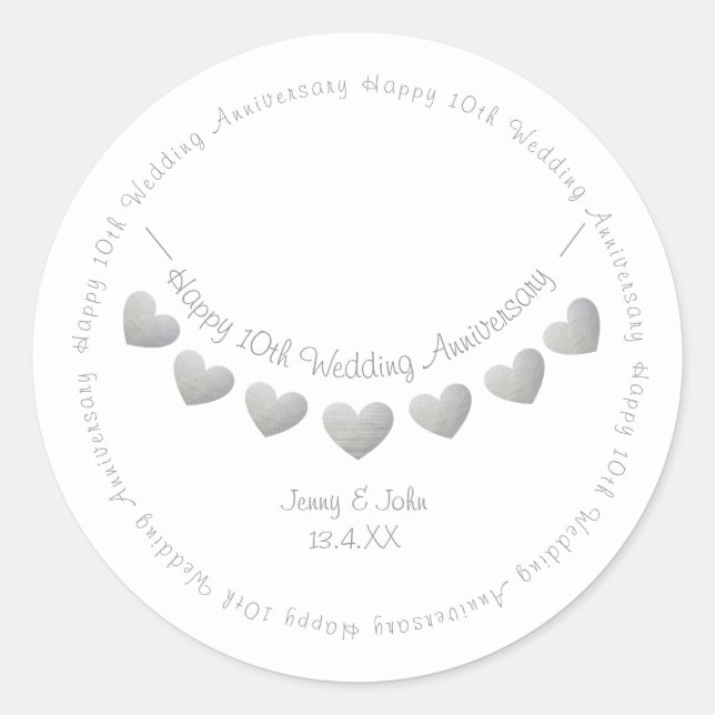 Sticker Rond 10e anniversaire du Mariage Tin Design de l'enroul (Devant)