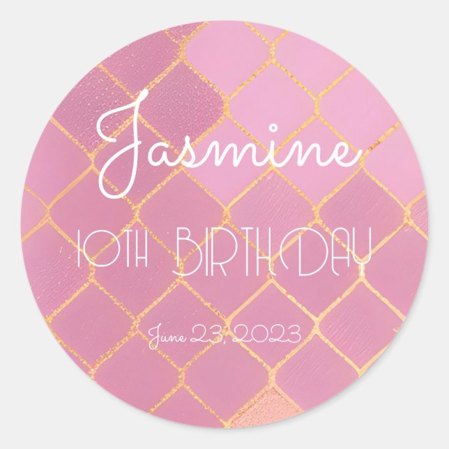 Sticker Rond 10e anniversaire fille rose Parties scintillant or (Devant)