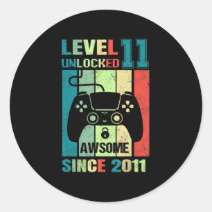 Sticker Rond 11e Anniversaire Cadeau Niveau 11 Déverrouillé Awe