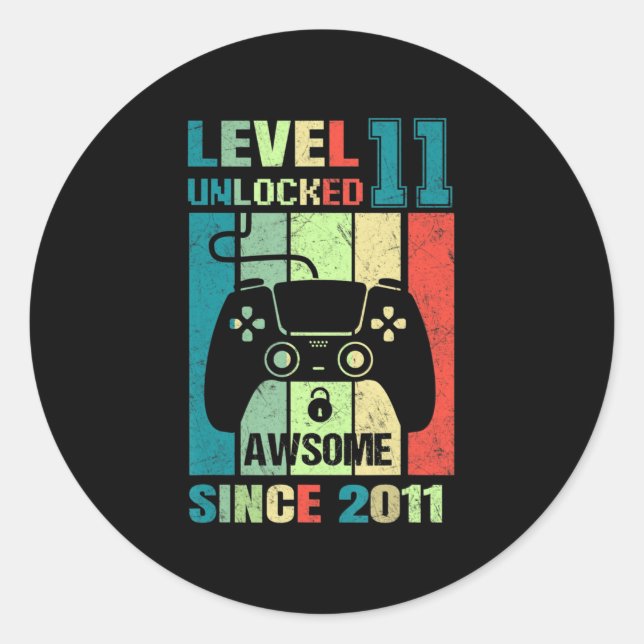 Sticker Rond 11e Anniversaire Cadeau Niveau 11 Déverrouillé Awe (Devant)