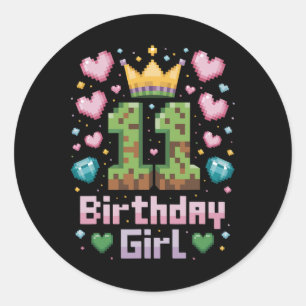Sticker Rond 11e anniversaire fille chemise jeu Pixel Party 11 