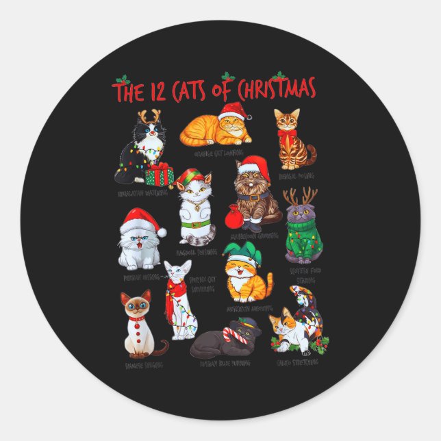 Sticker Rond 12 Cats Of Christmas Funny Holiday Xmas Cat Lover  (Devant)