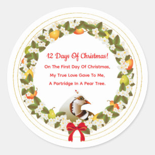 Sticker Rond 12 Jours de Partridge de Noël dans un arbre à poir