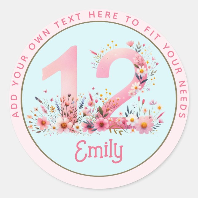 Sticker Rond 12e anniversaire Fairy Floral Pink Princess Fairyt (Devant)