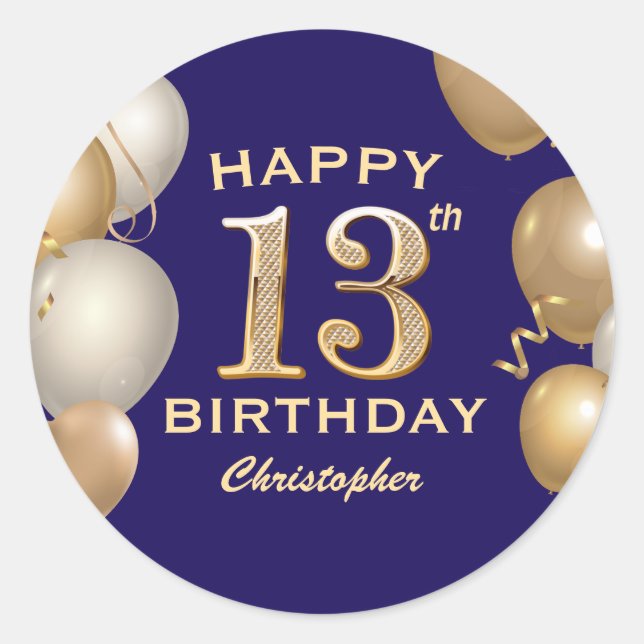 Sticker Rond 13e anniversaire de la fête Marine Bleu et Ballons (Devant)