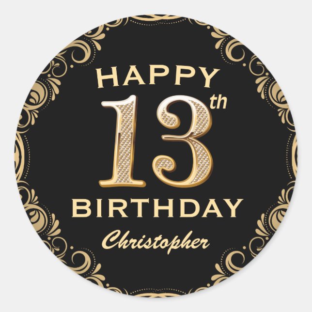 Sticker Rond 13e anniversaire de la Parties scintillant Noir et (Devant)