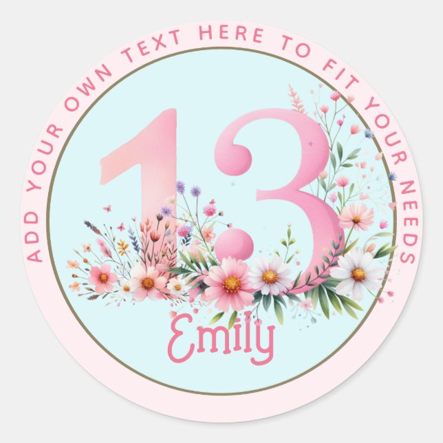 Sticker Rond 13e anniversaire Fairy Floral Pink Princess Fairyt (Devant)