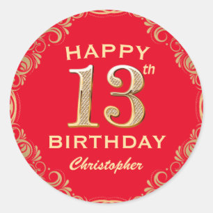 Sticker Rond 13e anniversaire Parties scintillant rouge et or c