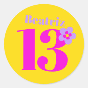 Sticker Rond 13ème anniversaire filles rose jaune violet