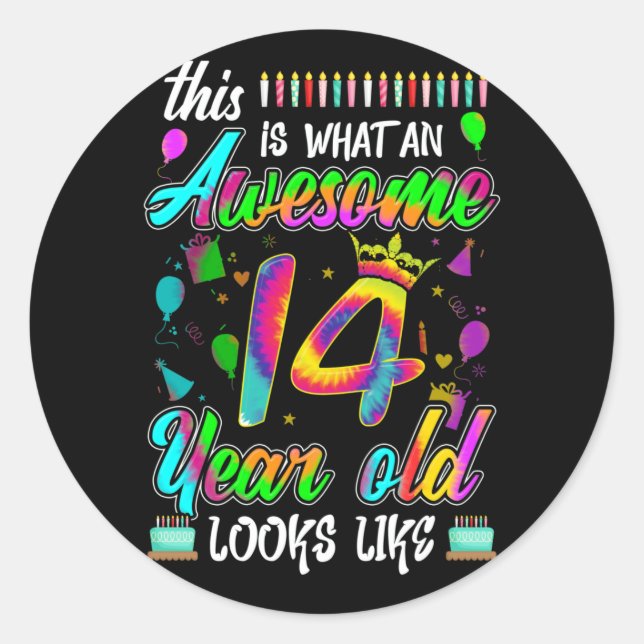 Sticker Rond 14e anniversaire Awesome 14 ans Il semble (Devant)
