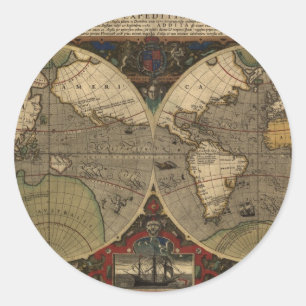 Sticker Rond 1595 cartes vintages du monde par Jodocus Hondius