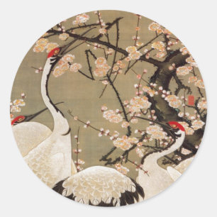 Sticker Rond 15. 梅 花 群 鶴 図, 若 Plum Blossoms & Cranes, Jakuchú, 