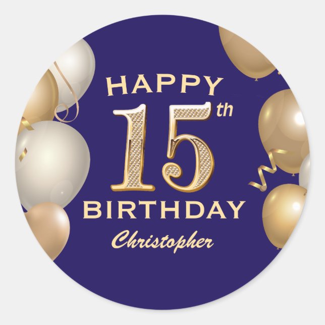 Sticker Rond 15e anniversaire de la fête Marine Bleu et Ballons (Devant)