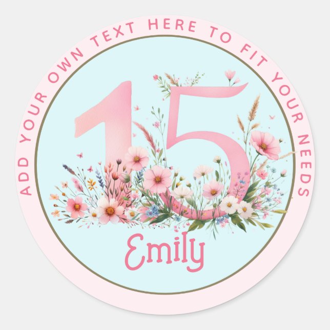 Sticker Rond 15e anniversaire Fairy Floral Pink Princess Fairyt (Devant)