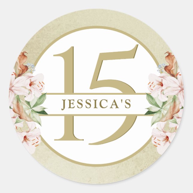 Sticker Rond 15e anniversaire (ou autre), Champagne Gold Floral (Devant)
