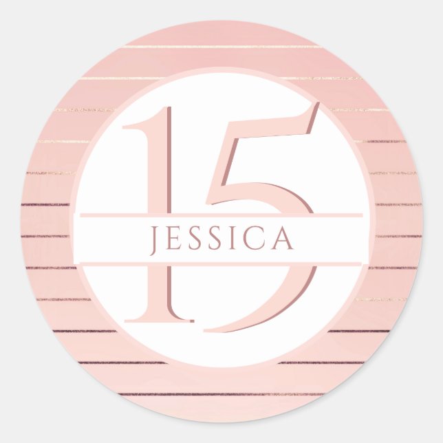 Sticker Rond 15e anniversaire (ou autre), Rayures or rose (Devant)