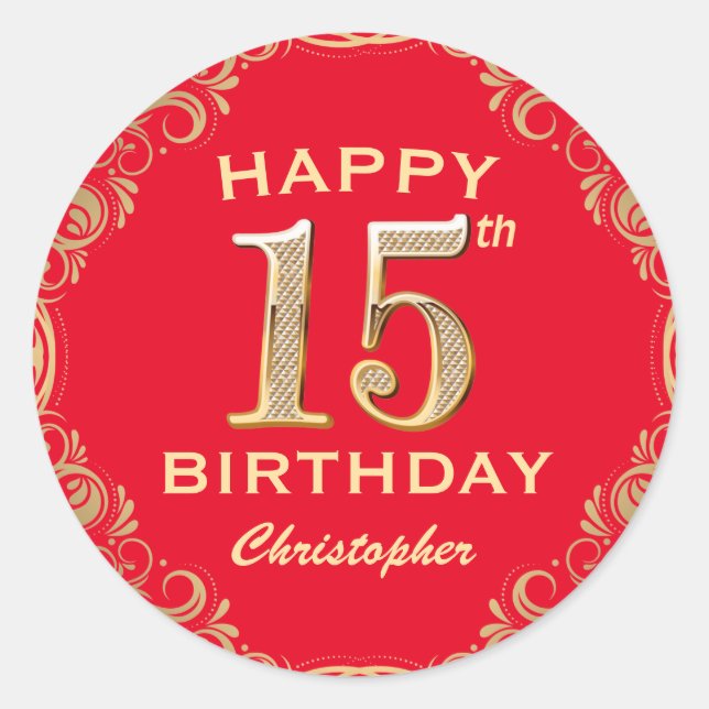 Sticker Rond 15e anniversaire Parties scintillant rouge et or c (Devant)