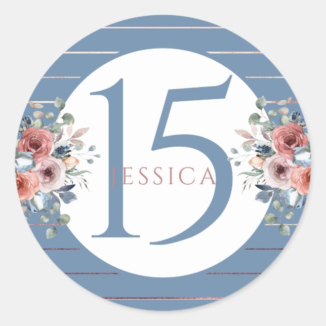 Sticker Rond 15e (ou autre) Anniversaire, Bleu et Or Rose (Devant)