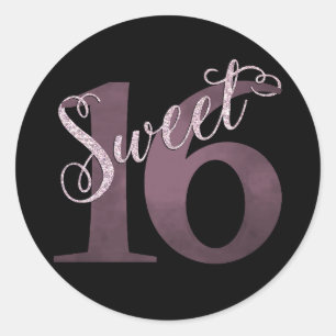 Sticker Rond 16 ans Aquarelle rose et Faux Parties scintillan