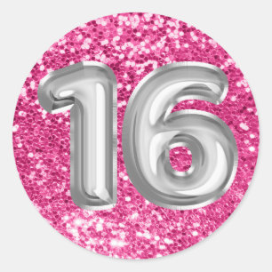 Sticker Rond 16 ballons en feuille d'argent pailletés rose péti