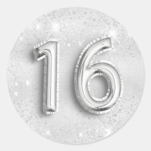 Sticker Rond 16e anniversaire argent parties scintillant numéro