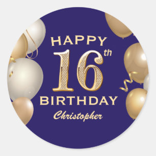 Sticker Rond 16e anniversaire de la fête Marine Bleu et Ballons
