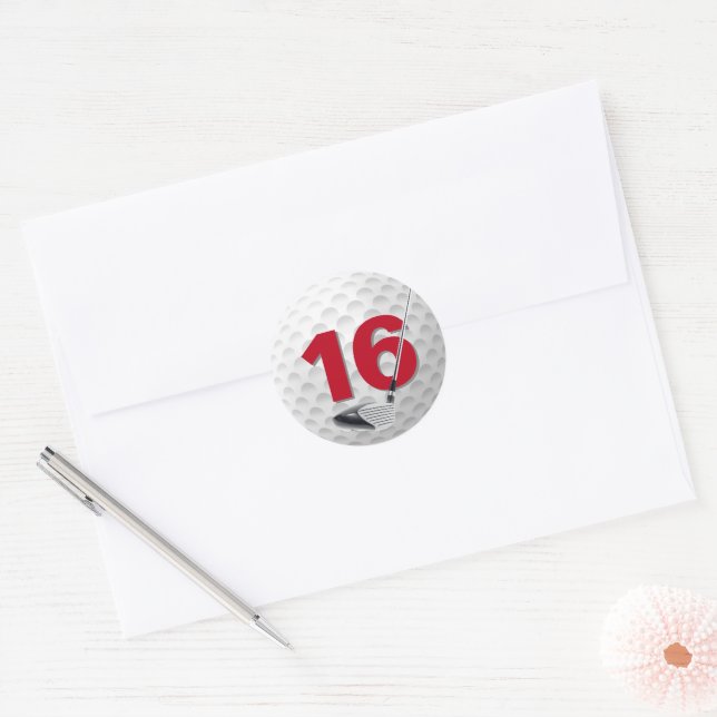 Sticker Rond 16e anniversaire Golf Ball Design (Enveloppe)