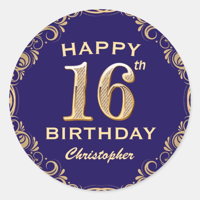 Sticker Rond 16e anniversaire Parties scintillant marine bleu e (Devant)