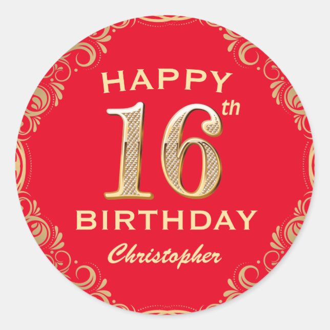 Sticker Rond 16e anniversaire Parties scintillant rouge et or c (Devant)