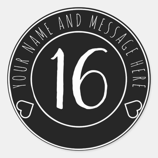 Sticker Rond 16e Cool de fête d'anniversaire Noir et blanc (Devant)