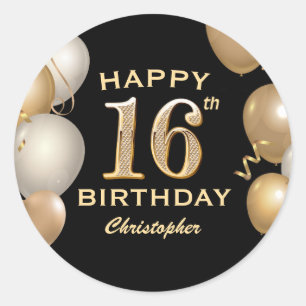 Sticker Rond 16e fête d'anniversaire Ballons noirs et or