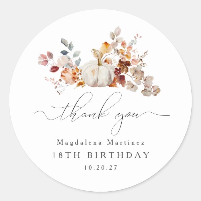 Sticker Rond 18e anniversaire Citrouille automne Merci (Devant)