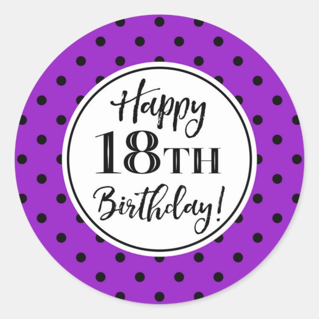 Sticker Rond 18e anniversaire Dots noirs blancs violets (Devant)
