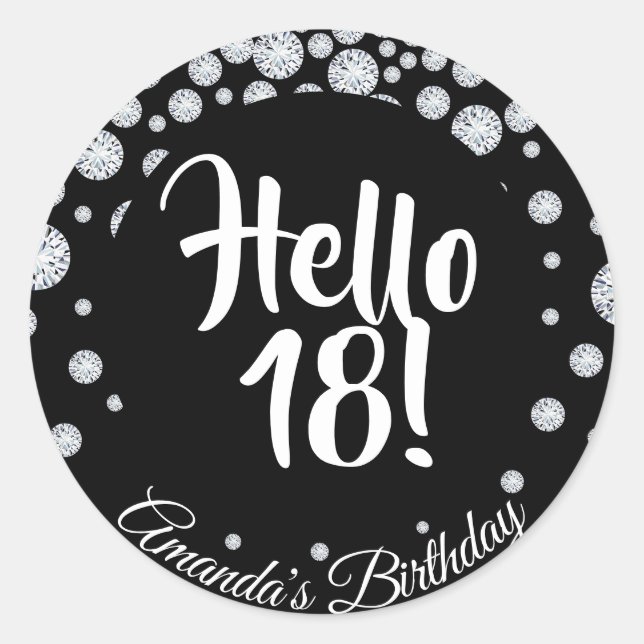Sticker Rond 18e anniversaire fête noir bonjour 18 diamants nom (Devant)