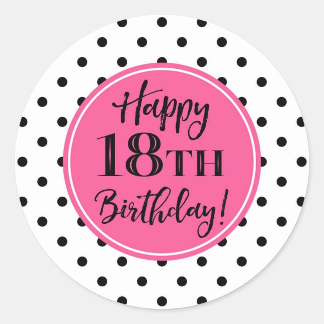Sticker Rond 18e anniversaire Points blancs noirs roses (Devant)