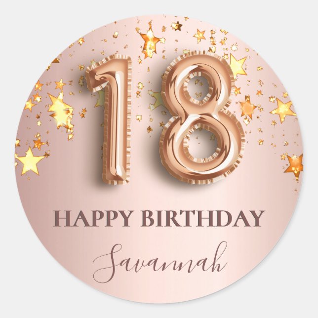 Sticker Rond 18e anniversaire rose or étoiles rose ballons poli (Devant)