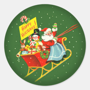 Sticker Rond 1940s Vintage Noël Père Noël avec Sleigh