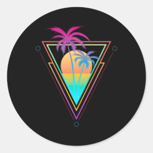 Sticker Rond 1980S 1990S Vaporwave Palm Trees Beach Surf