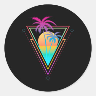 Sticker Rond 1980S 1990S Vaporwave Palm Trees Beach Surf