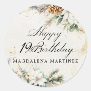 Sticker Rond 19e fête d'anniversaire Blanc hiver Floral personn