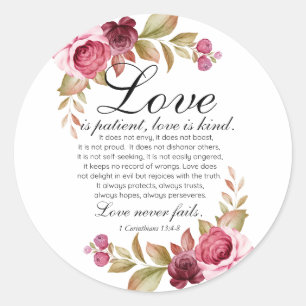 Sticker Rond 1 Corinthiens 13:4-8 L'amour est Patient Floral Bi