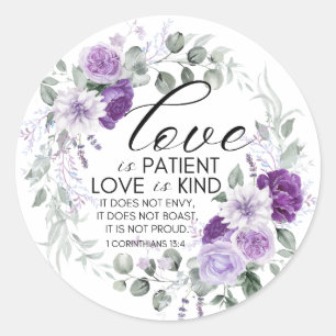 Sticker Rond 1 Corinthiens 13:4 Amour est Patient Violet Floral