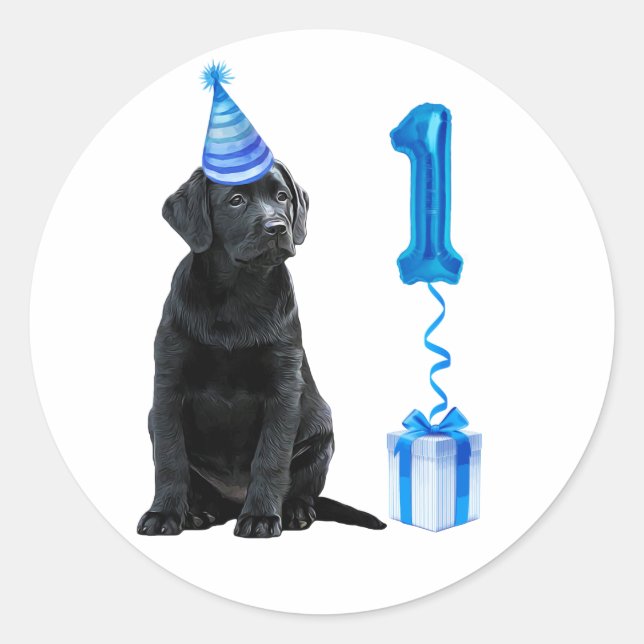 Sticker Rond 1er Anniversaire Chiot Thème - Chien bleu mignon G (Devant)