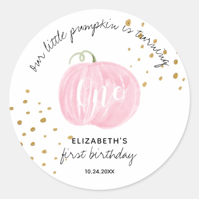 Sticker Rond 1er anniversaire Citrouille rose or (Devant)