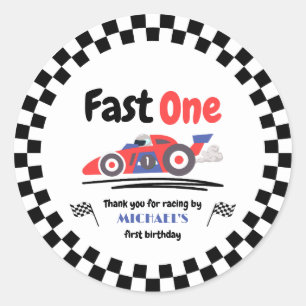 Sticker Rond 1er anniversaire Fast One Red Blue Race Car