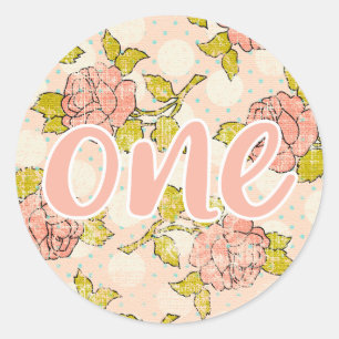 Sticker Rond 1er anniversaire fille Shabby Chic Rose chalet Flo