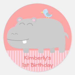 Sticker Rond 1er anniversaire : Joli hippo avec dessin d'oiseau